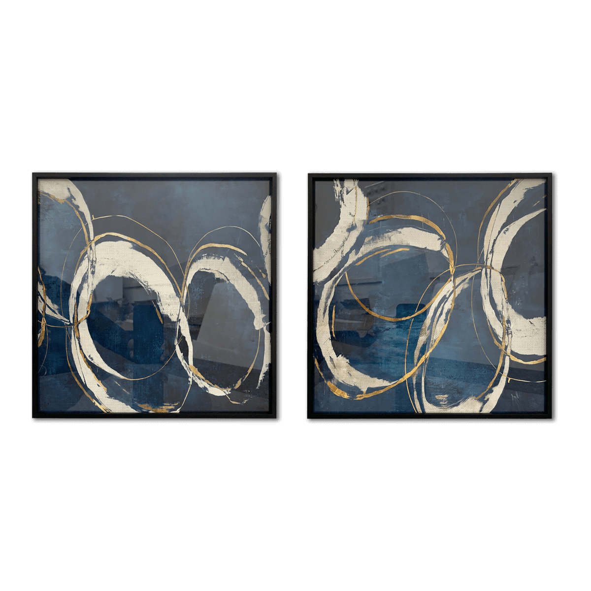 Abstrakte blaue Kreise I &amp; II mit schwarzem Metallrahmen